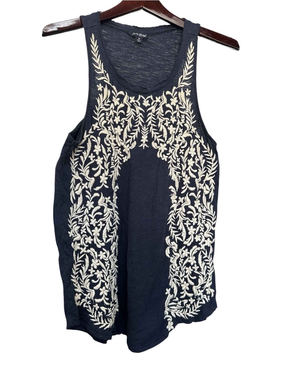 Lucky Brand Navy Tank with Cream Floral Embroidery